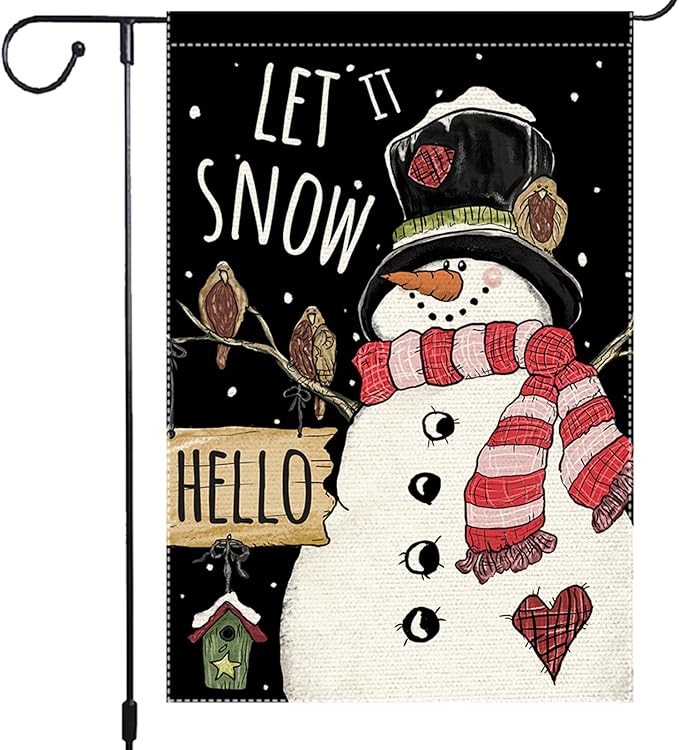 Winter Garden Flag 12x18 Inch Double Sided Burlap Outdoor Seasonal Decoration Cute Snowman with Black Top Hat Red Scarf Let It Snow Welcome Flag for Yard Patio Porch