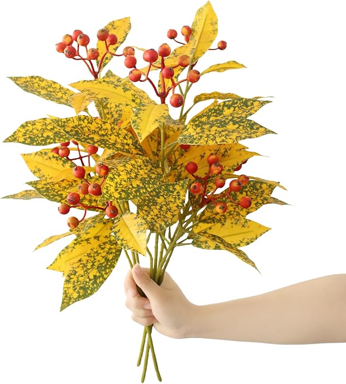 3 Pcs Artificial Autumn Plants, 18" Faux Greenery Fall Leaves Branches for Vase Fake Red Berry Plants Stems Indoor for Table Fireplace Cabinet Livingroom Kitchen Festivals Home Decor (Late Autumn)