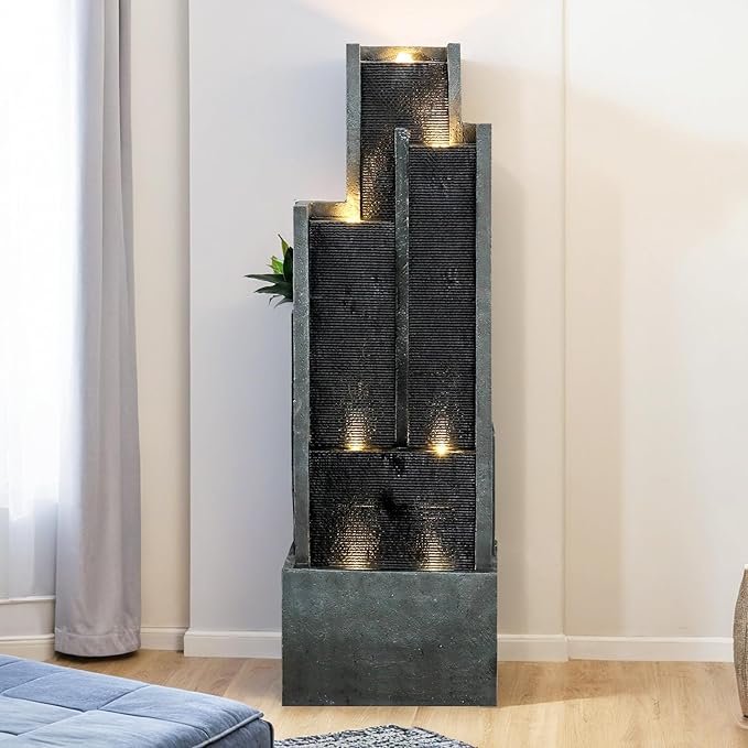 SunJet 5-Tier Modern Water Fountain, Indoor/Outdoor Resin Water Fountains with Soothing Water Sounds & Warm LED Light, Perfect for Garden, Patio, Home & Office, 16.9" L x 9.8" W x 50.7" H