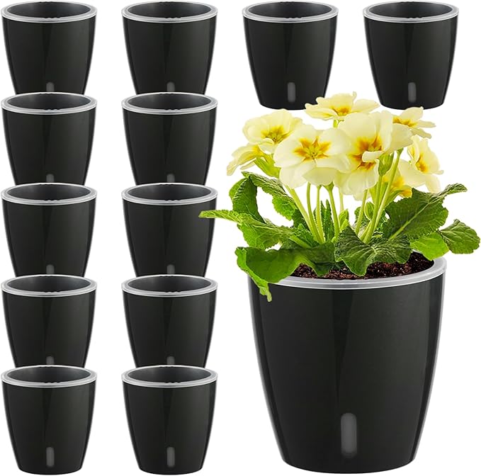 KvyusFlourish Self Watering Pots for Indoor Plants, 12-Pack 5'' Self Watering Planter with Drainage Holes, Small African Violet Pots with Water Level Indicator, Clear Wick Pot, Black