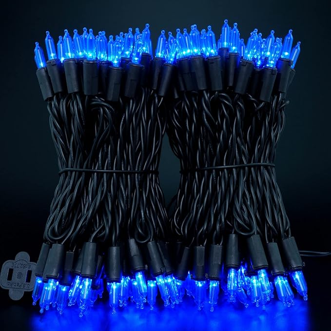 YULETIME 200 Blue LED Christmas Lights with Black Wire, Pack of 2 Strands 33 Feet 100 Lights UL Certified Holiday String Light Set