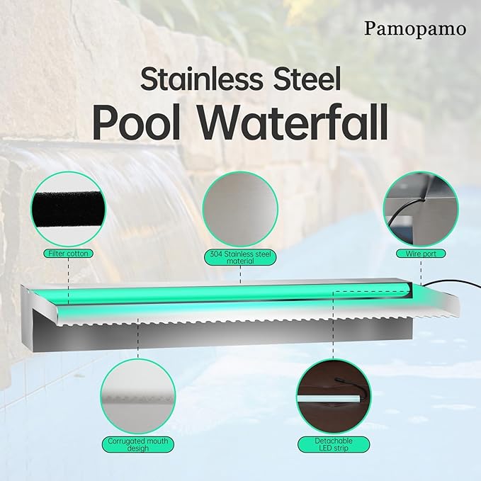 Pool Waterfall Spillway Stainless Steel Koi Pond Fountain, APP Control LED Lighted Waterfalls Kit, Outdoor Water Flow Fountains for Garden Swimming Pool Decoration-11.8"x7.8"x3.9"