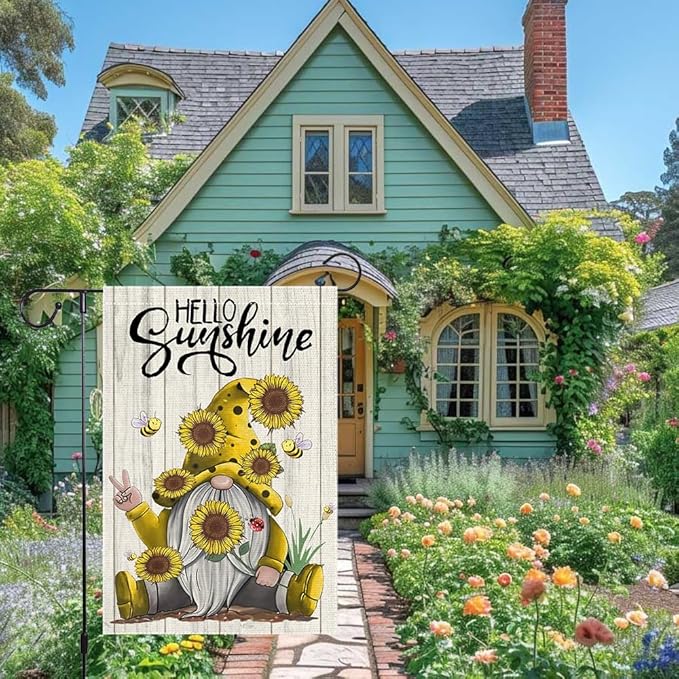 Welcome Sunshine Garden Flag 12x18 Inch Double Sided Small Burlap Gnome Sunflower Garland Summer Garden Flags Decor Home Yard Lawn Holiday Outdoor Flags Decorations
