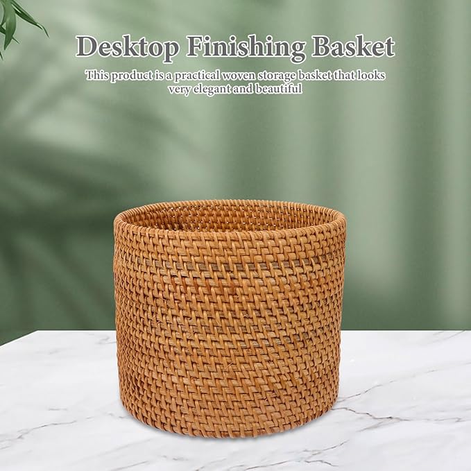 Mikikit Round Rattan Trash can Small Decorative Wicker Basket for Home Storage Desktop Organizer 6.6 Inch Fruit Vegetable Basket
