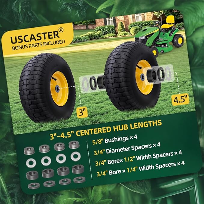 15x6.00-6nhs Lawn Mower Tires (2 Pack),Replacement Riding Lawn Mower Front Tires - With 3" Centered Hub and 3/4" Bushings,Extra 5/8" Bushings(Yellow)