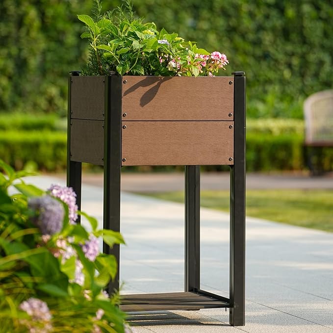 19" l x 33"h HDPE Elevated Garden Bed with Storage Shelf - Wood Grain Finish, All-Weather Standing Planter Box with Sturdy Black Aluminum Frame for Vegetables, Herbs on Patio, Balcony & Outdoors