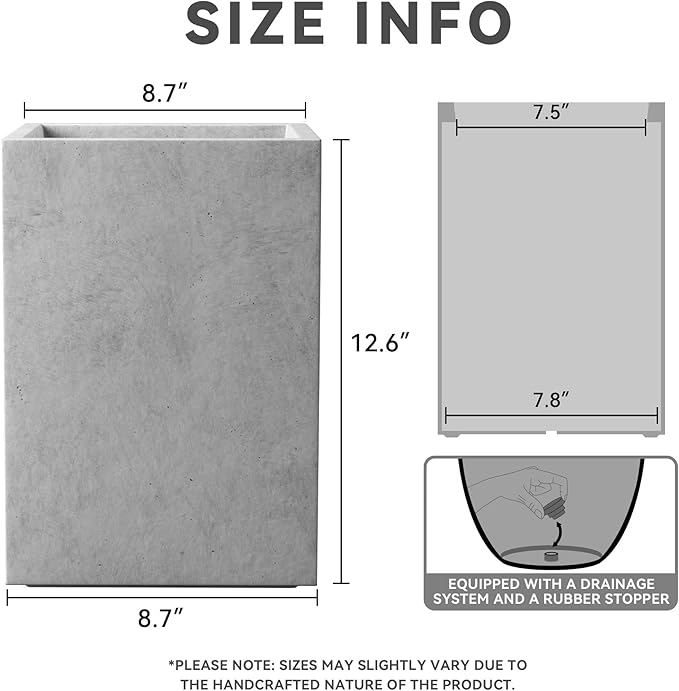 Kante 12.6" H Tall Rectangular Concrete Planters, Outdoor Indoor Lightweight Plant Pots with Drainage Hole and Rubber Plug, Modern Style for Home Garden Patio, Natural Concrete
