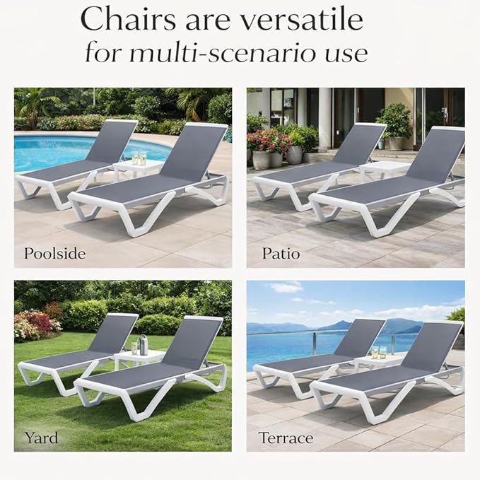 Kozyard Outdoor Chaise Lounge Chair, Full Flat Adjustable Patio Lounger with Aluminum Frame & Resin Legs, Textilene Fabric for Poolside, Backyard & Beach (Gray)