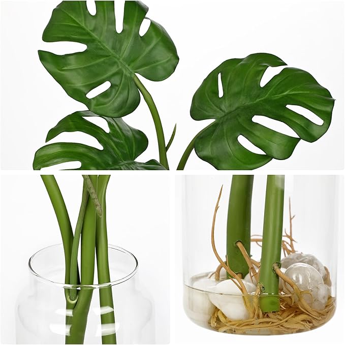 Oairse Artificial Monstera Leaves Plant in Glass Vase with Faux Water & Pebble - 16.5" Fake Tropical Plants Turtle-Back Plant Leaves Monstera Stem Greenery for Home Indoor Centerpiece Farmhouse Decor