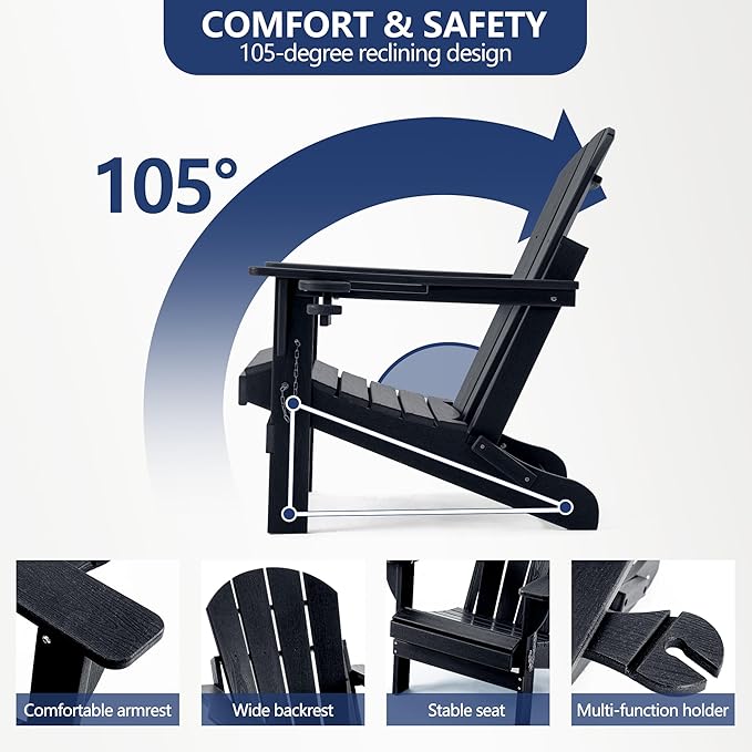 Folding Adirondack Chair Set with Side Table - HDPE Outdoor Patio Chairs, Weatherproof Chair with Reclining Back, Cup & Phone Holder, and 2-Tier Storage End Table for Firepit or Garden(Black)