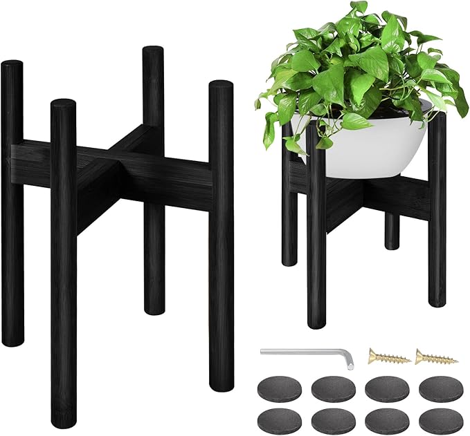 BESHOF 2 Pack Bamboo Plant Stands, Adjustable Plant Stand Indoor, Mid Century Modern Plant Stand, Plant Holder for Living Room, Balcony Fits 8 to 12 Inches Pots (Black)