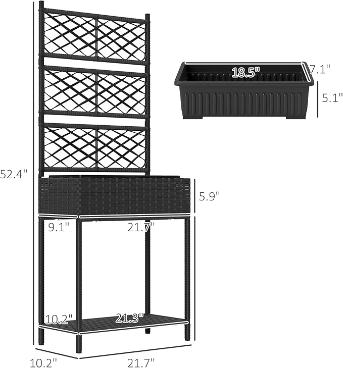 Outsunny Raised Garden Bed with Trellis, Outdoor Wicker Planter, Freestanding Rattan Planter Stand with Storage Shelf for Climbing Plants, Flowers, Herbs, Vegetables, Black