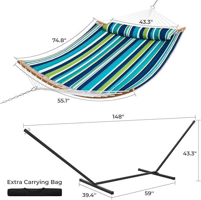 SUPERJARE Hammock with Stand, 2 Person Heavy Duty Hammock with Padded Cotton, Detachable Pillow & Strong Curved-Bar & Portable Carrying Bag, Perfect for Outdoor & Indoor - Dark Cyan
