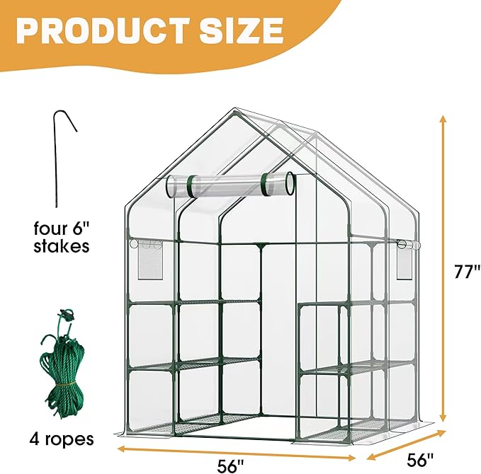 Walk in Greenhouse with Screen Windows & Roll-Up Zipper Door, 56 x 56 x 77'' Plant Green Houses for Outdoors, 3 Tiers 12 Shelves Stands Plastic Portable Small Indoors Warm (Clear)