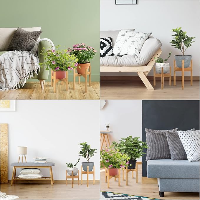 FJO 2Pcs Adjustable Plant Stand Indoor - Bamboo Plant Stands, Bamboo Mid Century Modern Plants Stands, Plant Holder for Living Room Fits 8 to 12 Inches Pots(Pot & Plant Not Included) (Natural)