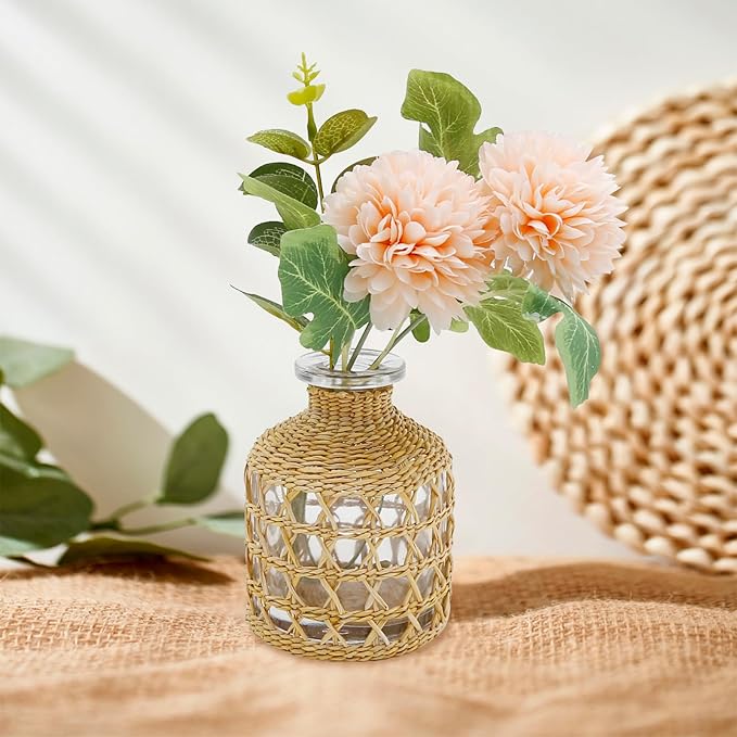 Flower Vases with Rattan Cover Straw Woven Glass Vase Boho Glass Flower Vase for Arrangement Table Decoration, 4.44''X1.77''X3.14'', B Style
