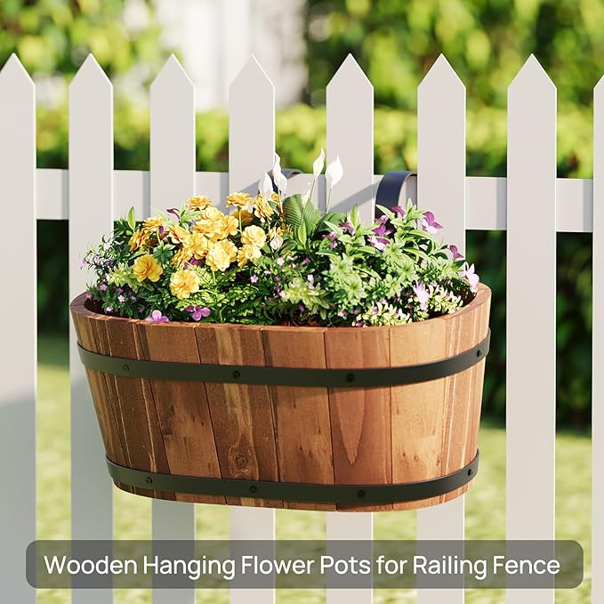 Wooden Hanging Planter for Railing Fence Outdoor Planter Railing Planter Boxes for Plants Wall Planters Window Flower Box Hanging Bucket Pots Countryside Plant Holder (Brown,2pcs,Large)