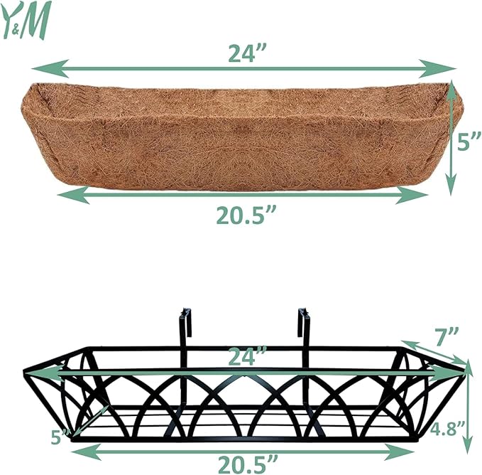 Y&M 24 Inch Window Deck with Coco Liner, Fence Metal Hanging Flower Planter Window Basket Deck Railing Planter Boxes for Outdoor Garden Lawn, 24" Window Boxes Horse Trough with Coconut Coir Liner,4pcs