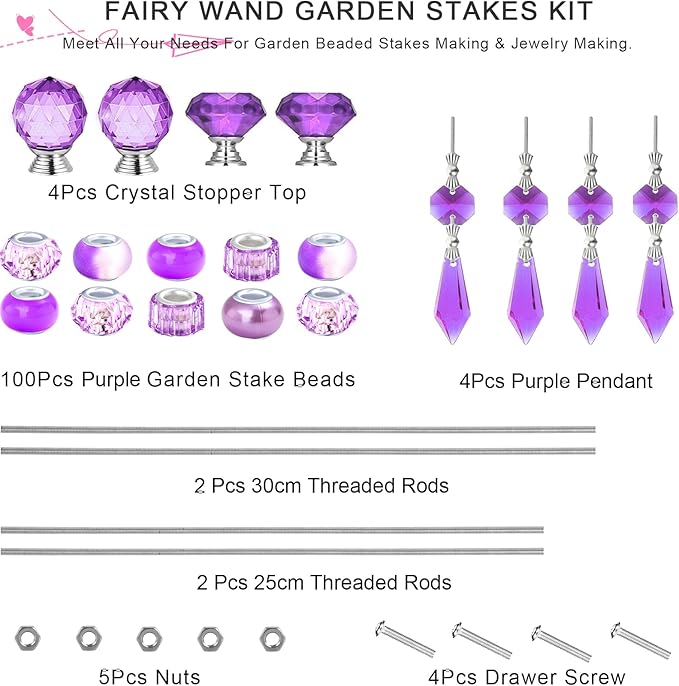121 Pcs DIY Fairy Wand Beaded Garden Stakes Kit, Fairy Wands Garden Kit Purple Large Hole Bead with Pendants Crystal Stopper Top Threaded Rod Beaded Garden Stakes Supplies for Outdoor Decorative