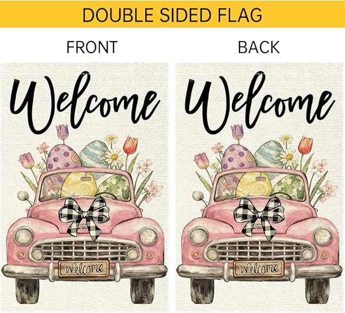 Welcome Easter Garden Flag 12x18 Inch Double Sided Burlap Pink Vintage Car Easter Eggs Flowers Buffalo Check Bow Outdoor Decor for Yard Patio Spring Decor
