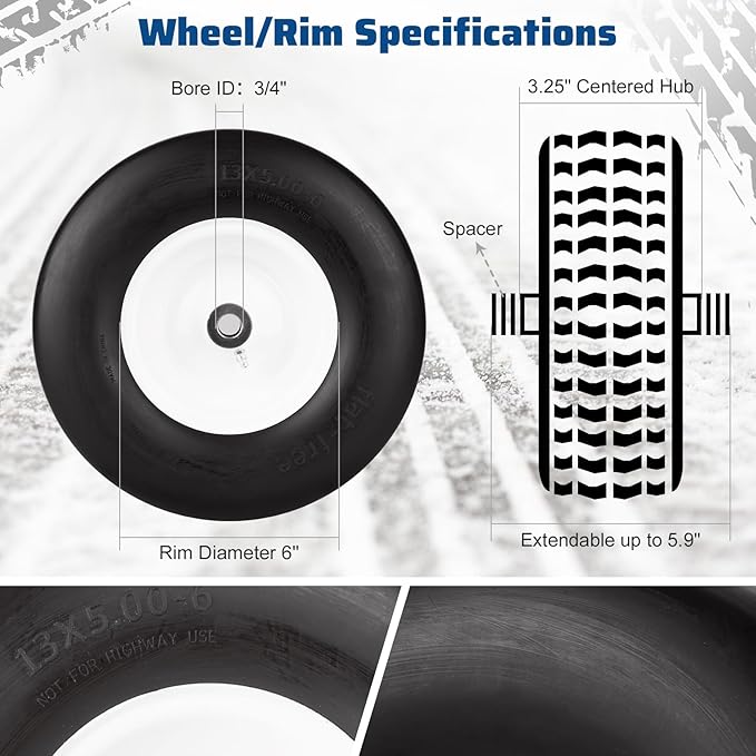 13x5.00-6 ILONPA 2PCS Flat Free Smooth Tire w/Steel Wheel Fits Deck 36"-46" Residential Riding Lawn Mower & Garden Tractor- Hub 3.25"-5.9" (Adjustable via Spacers), Bore ID 3/4" 135006