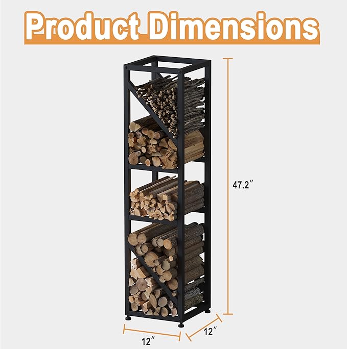 47 Inch Tall Indoor Firewood Rack Outdoor, 5-Tier Functional Fireplace Log Holder, Heavy Duty Metal Firewood Storage Rack, Decorative Log Organizer, Anti-Rust Coating, Adjustable Pads