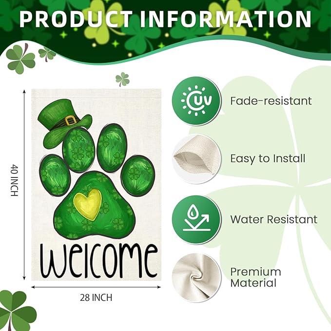 Welcome St Patricks Day House Flags for Outdoor Decoration, Dog Paw with Green Hat Lucky Shamrocks Large Yard Flag, Decorative Irish Celebration Decor for Seasonal Farmhouse Holiday Outside