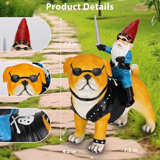 Garden Gnome Statue Holding Sword Outdoor, Funny Garden Gnome Riding Dog Statue Decoration Lawn Figurines for Home Patio Yard Garden Decor Indoor Outdoor, Housewarming Garden Gift