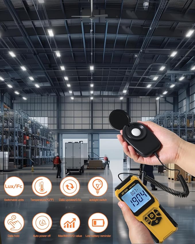 URCERI MT-92H Light Meter with Split Sensor Lux/Foot Candles Meter 500ms Refresh Rates Range up to 200,000 Lux Switchable Backlight Temperature Measurer 14℉-140℉