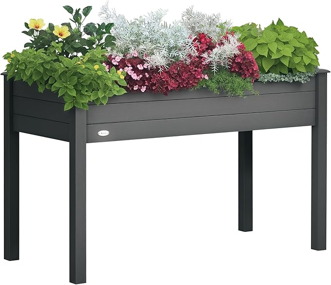 Outsunny Raised Garden Bed with Legs, 48" x 22" x 30", Elevated Wooden Planter Box, Self-Draining with Bed Liner for Vegetables, Herbs, and Flowers Backyard, Patio, Balcony Use, Dark Gray
