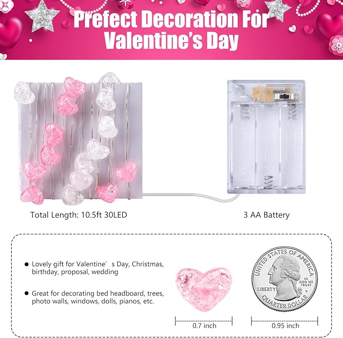Valentine's Day Heart String Lights - 10.5 ft 30 LED Battery Operated Fairy String Lights withTimer and for Romantic Proposal Indoor DIY Bedroom Wedding Decor Gift (Pink White)