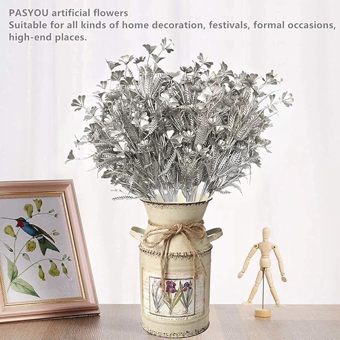 PASYOU Artificial Plants for Christmas Decor, Plastic Grass Faux Shrubs Simulation Flower Leaves Indoor Outdoor Home Garden Planter Filler Party Hotel Verandah Wedding DIY Decoration - Silver 4 Pack