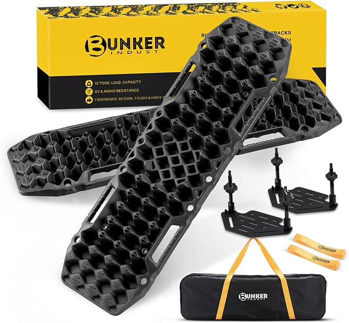 BUNKER INDUST Gen 7th Traction Boards with Mounting Kit, Pair Offroad Recovery Tracks with Jack Base for 4X4 Jeep Truck Tire Traction-Sand,Mud, Snow Ramps (Black)