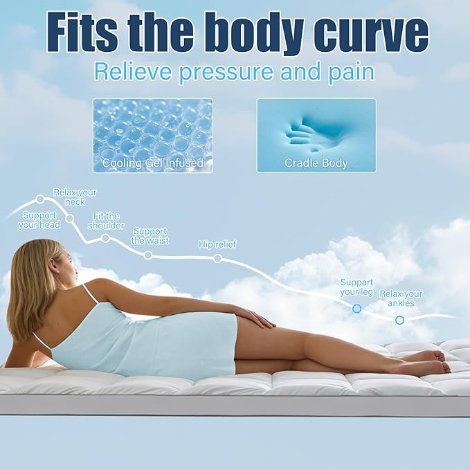 4 lnch Dual Layer Mattress Topper Queen Size, 2 Inch Cooling Gel Memory Foam and 2 Inch Soft Pillow Top Mattress Pad Cover for Back Pain, with Elastic Deep Pocket