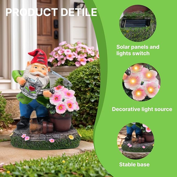 Lnzhauscia Garden Gnome Statues Decor with Solar Lights, Outdoor Decorations for Yard Porch Lawn Balcony Patio, Housewarming Gifts