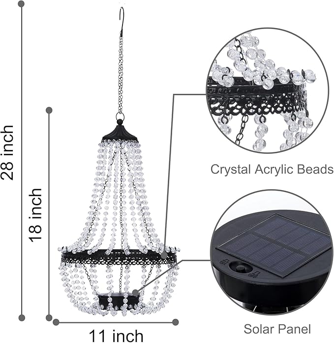 Hanging Solar Lantern Outdoor, 28” Modern Clear Crystal Acrylic Chandelier with 30 Blue Lights S Hook for Garden, Yard, Patio, Gazebo Decorations