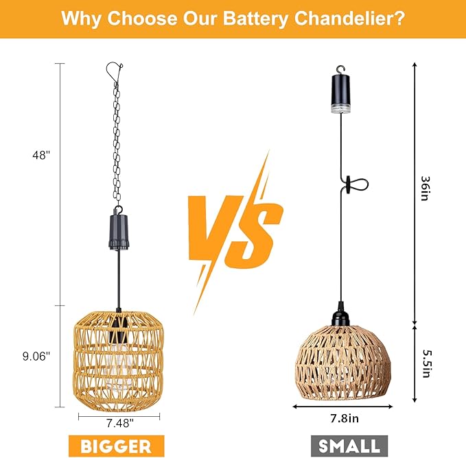 Livinlarge Battery Operated Hanging Pendant Ligh,Battery Outdoor Chandelier,Rattan Light with Warm White Bulb,4*AA Battery Powered for Gazebo Backyard Pergola Porch Patio Outdoor Indoor Decor