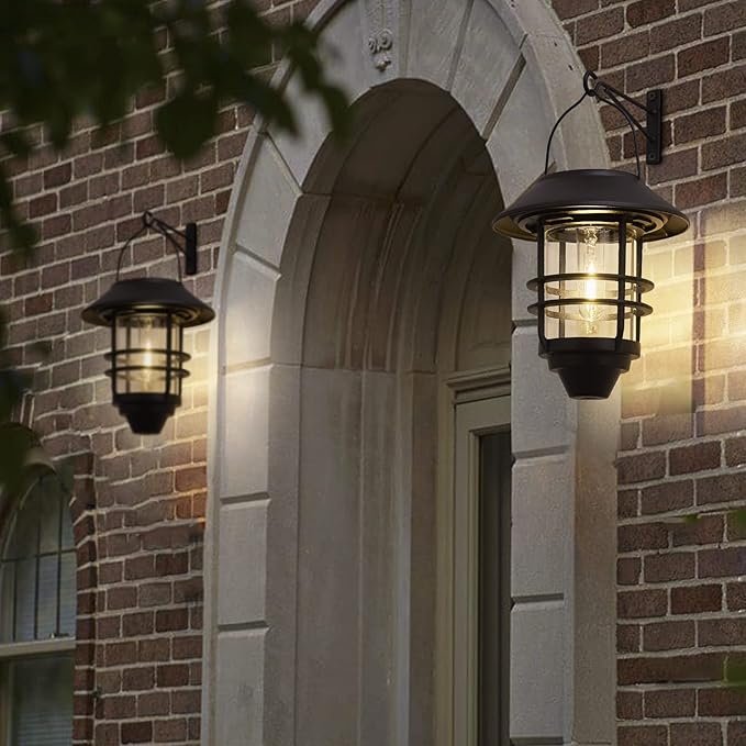 2 Pack Solar Wall Lanterns Outdoor Waterproof Hanging Solar Wall Lights Glass Metal with Wall Mount Bracket,Garden Lantern Warm White 3000K, Auto Dusk to Dawn for Outdoor Front Porch Exterior Lighting