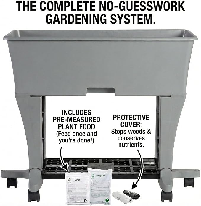 EarthBox Raised Garden Bed with Legs – Elevated Self Watering Planter Box with Wheels, Storage Shelf, Premium Plant Food, Easy Assembly, Made in USA, Gray