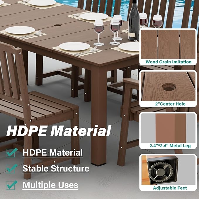 9-Piece Patio Dining Set, Outdoor Dining Set for 8, HDPE All-Weather Outdoor Furniture with 75.20” Umbrella Hole Table, 2 Armchairs & 6 Armless Chairs, Brown