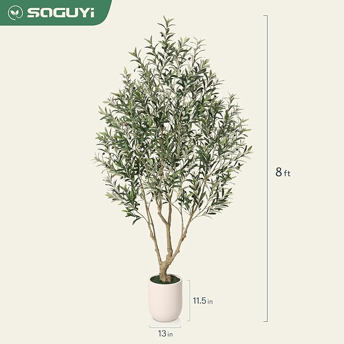 SOGUYI Olive Tree Artificial Indoor, 8FT Tall Faux Olive Tree with 11.5in White Cylinder Round Planter, Artificial Plants with Natural Wood Trunk and Lifelike Leaves for Home Office Decor