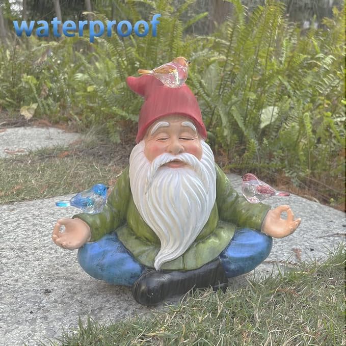 Solar Powered Gnome with Red Hat and 3 Birds, Resin Garden Ornament with LED Light, Lawn Figurine Outdoor Decoration Statue (Gnome with 3 Birds)