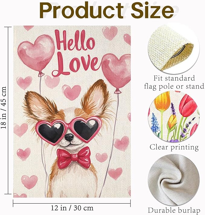 Valentine's Day Papillon Hello Love Garden Flag, House Yard Plaid Love Heart Outside Decoration, Spring Holiday Wedding Anniversary Outdoor Small Decor 12x18(12632)