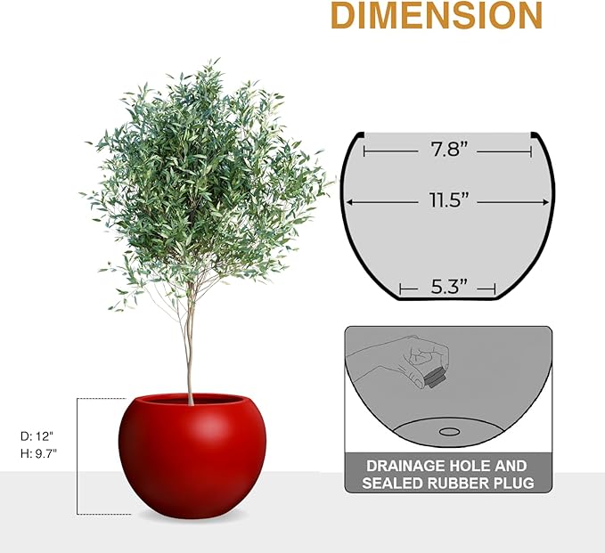 KUTE NEST 9.7" H x 12" D Globo Fiberstone Round Planter with Drainage Hole, Smooth Finishes, Weather Resistant for Indoor and Outdoor Use, Included 2 Extra Coco Mats (Red, 7.8" Pot Opening)