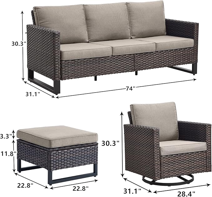 Rilyson Wicker Outdoor Patio Furniture Set - 5 Piece Patio Conversation Set with 2 Swivel Rocker Chairs,2 Rattan Ottoman and 1 Couch for Outside Porch Deck Backyard Garden(Brown/Grey)