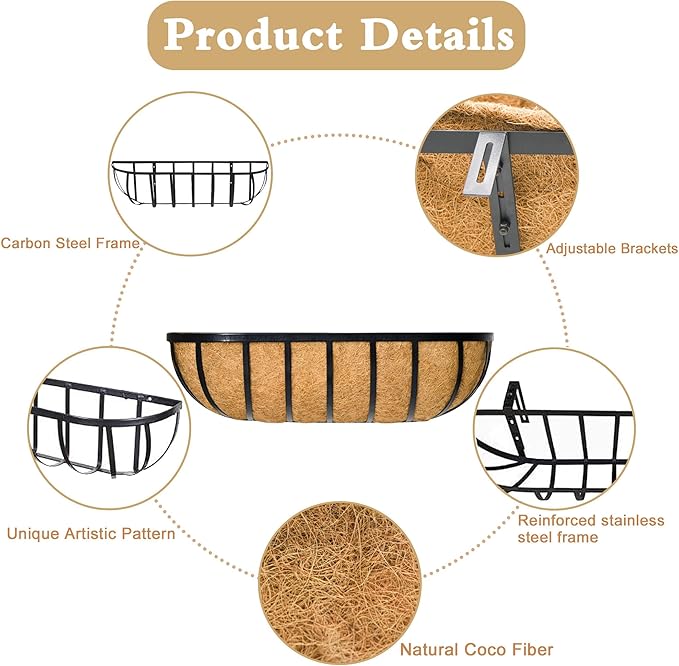 Window Box Railing Planter with Coco Liner 2 Pack 16 Inch Metal Hanging Flower Planter Deck Railing Planters Boxes for Balcony Outdoor Plants Fence Porch Patio