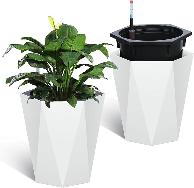 GarveeLife 16 in Tall Diamond Planters Set of 2, Self Watering Planters with Water Level Monitor, Flower Pots Outdoor and Indoor for Patio, Porch, Living Room, Home Office, White