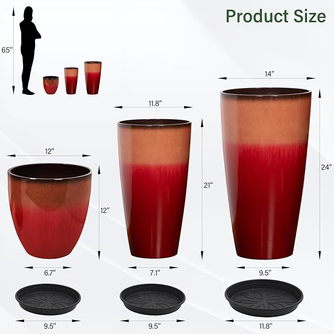Neoaider 24/21/12 Inch Large Plastic Planter, Lightweight Ceramic-Look Tall Planters with Drain Hole & Saucers, Tall Plastic Planters for Porch, Garden, Patio, Balcony(Fiery Red)