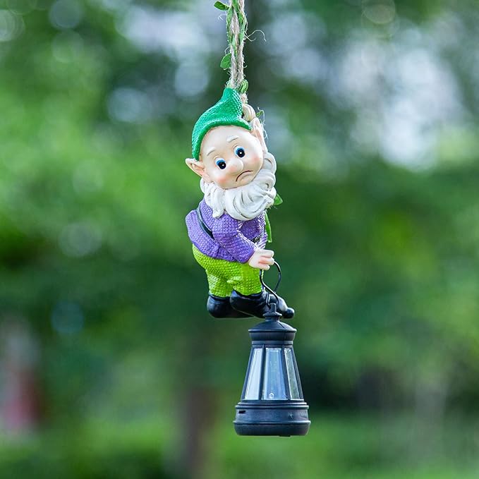 Garden Gnome Solar Lantern Decoration, Outdoor Figurine, Green and Purple, Weather-Resistant Resin