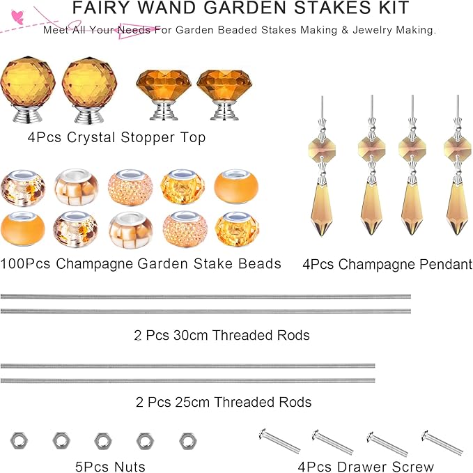 121 Pcs DIY Fairy Wand Beaded Garden Stakes Kit, Fairy Wands Garden Kit Champagne Large Hole Bead with Pendants Crystal Stopper Top Threaded Rod Beaded Garden Stakes Supplies For Outdoor Decorative